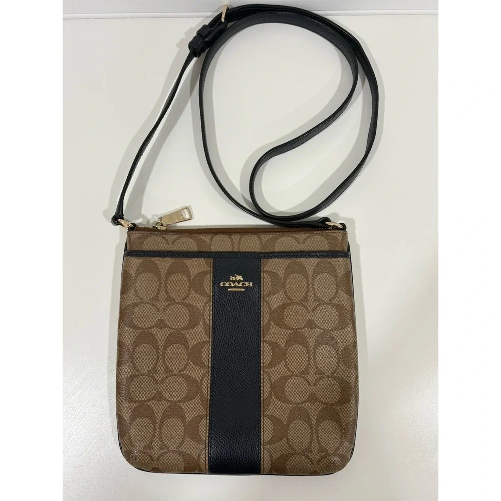 COACH Signature Crossbody Shoulder Bag F52856 Brown/Navy Blue No Bag Tag